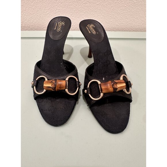 Women´s Black Leather Bamboo Slip-On Kitten Heel...